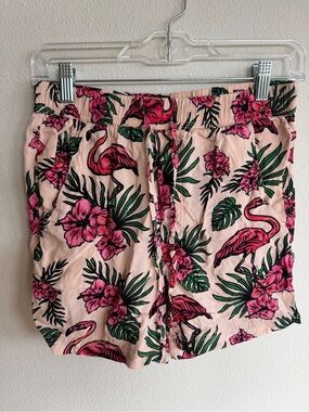 Massive Tropical Flamingo Print Pull-On Shorts Pink Floral Size Small